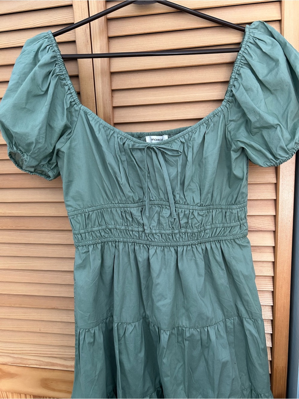 Francesca's Puff-Sleeve Tiered Midi Dress in Sage